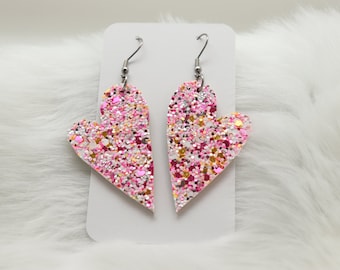 Pink Glitter Heart Leather Earrings, Sparkly Earrings, Valentine's Accessories, Large Size Lightweight Earrings, On Sale, Ready to Ship