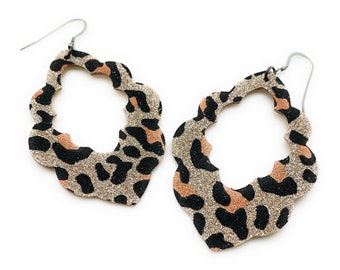 Glitter Leopard Print Earrings, Animal Print Leather, Gold Glitter Fabric on Leather, Teardrop, Scallop, Large Lightweight Earrings, On Sale