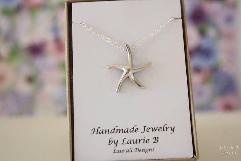 Starfish Charm Necklace, Friendship Gift, Sterling Silver, Bestie Gift, Silver Starfish, Ocean Life Necklace, Shell Charm Thank You Card image 1