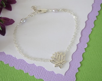 Silver Lotus Bracelet,  Silver Bracelet, Yoga Bracelet, Lotus Flower, Sterling Silver, Charm Bracelet, Silver Lotus Flower Bracelet