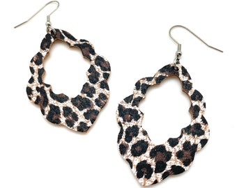 Leopard Print Earrings, Distressed Leather Earrings, Animal Print Leather, Cork on Leather, Scallop, Large Lightweight Earrings, On Sale