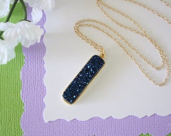 Gold Druzy Bar Necklace, Blue, Purple, Crystal Necklace, Thin Druzy Vertical Pendant, Gold Filled, Frost Pendant, Natural, Sugar Stone