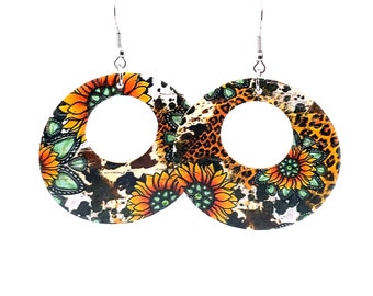 Round Sunflower Animal Print Earrings, Distressed Leather, Cork on Leather, Western, Medium or Small Size Lightweight Earrings, On Sale