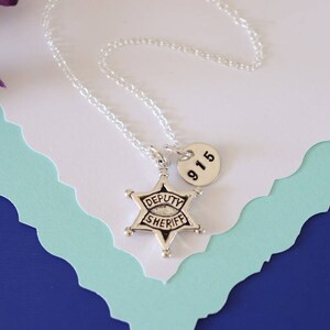 Sheriff Deputy Badge Charm Necklace, Badge Number Gift, Sterling Silver, Bestie Gift, Police Charm, Silver Star, Badge Charm, Thank You Card image 2