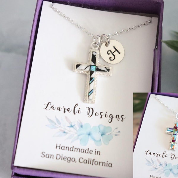 Cross Turquoise and Opal Necklace, Sterling Silver, Colorful Gift, Christian Necklace, Nature, Blue Cross, Inlay, Mosaic, Religious