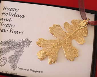 Gold Oak Leaf Ornament, Real Lacey Oak Leaf, Extra Large, Ornament Gift, Christmas Card, Happy Holiday Gift, First Christmas