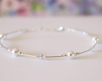 White Pearl and Iridescent Crystal Bracelet Sterling Silver, White Pearl Bracelet, Ready to Ship, Wedding Gift for Bride, Anniversary Gift