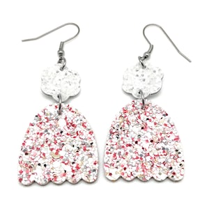 Candy Cane Glitter Beanie Shaped Leather Earrings, Red and White Winter Hat, Medium Size Lightweight Earrings
