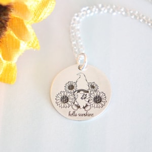 Gnome and Sunflower Sterling Silver Necklace, Personalized Mom Necklace, Teen Necklace, Best Friend, Birthday, Flowers
