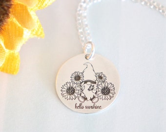 Gnome and Sunflower Sterling Silver Necklace, Personalized Mom Necklace, Teen Necklace, Best Friend, Birthday, Flowers