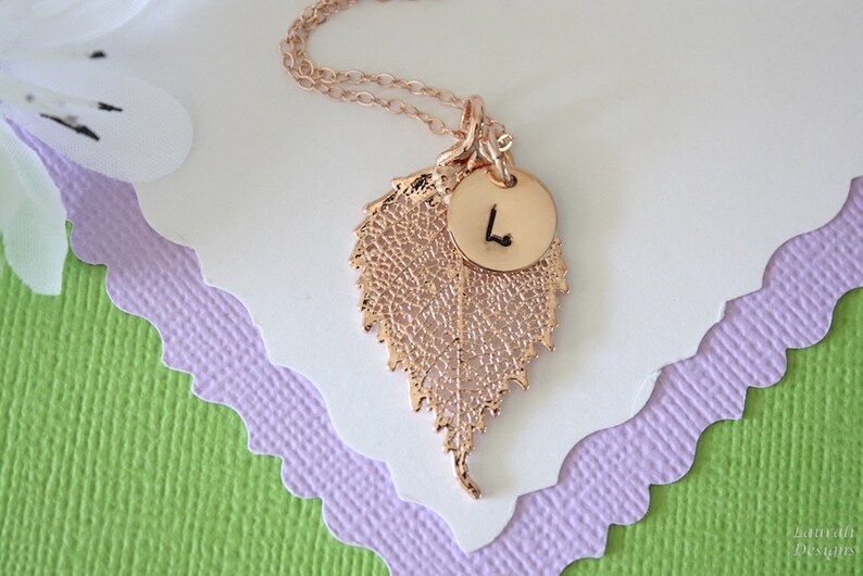 Personalized Necklace Rose Gold Leaf Initial Real Leaf Etsy
