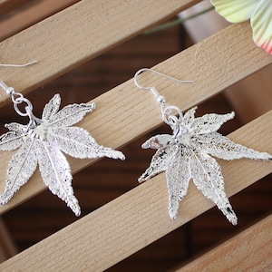 Orecchini in foglia d'argento, foglia d'acero giapponese, orecchini in vera foglia d'acero, argento sterling, natura