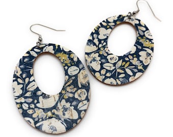 Vintage Floral Print Earrings, Distressed Leather, Blue and White, Cork on Leather, Teardrop Round Oval Shape Lightweight Earrings, On Sale