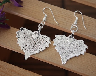 Small Silver Leaf Earrings, Cottonwood Leaf, Heart Shaped Earrings, Real Leaf Earrings, Cottonwood, Sterling Silver, Nature, LESM145