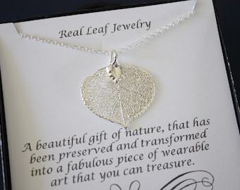 Echtzilveren espenbladketting – echt bewaarde bladhanger – op de natuur geïnspireerde sieraden – cadeau voor haar