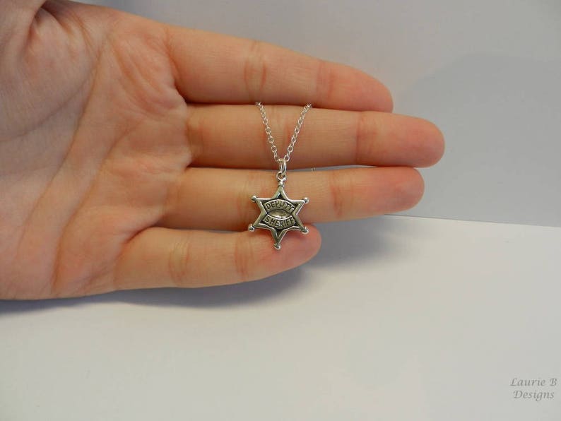 Sheriff Deputy Badge Charm Necklace, Badge Number Gift, Sterling Silver, Bestie Gift, Police Charm, Silver Star, Badge Charm, Thank You Card image 4