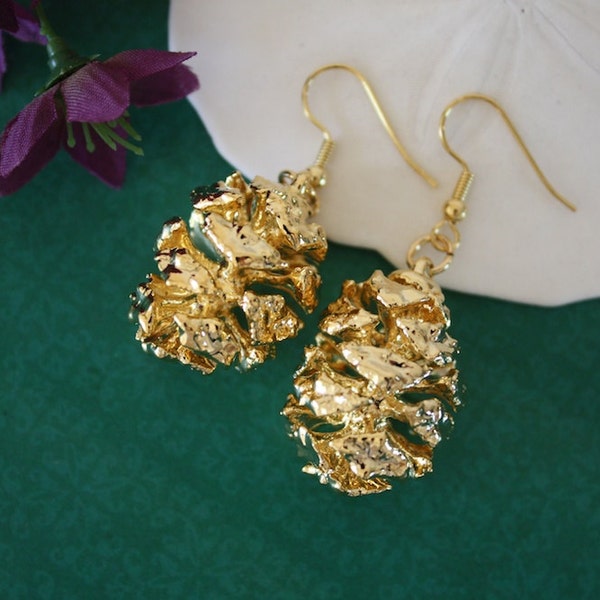 Gold Pinecone Earrings, Gold Dipped, Real PineCones, Gold Pine Cones, Redwood, PC36
