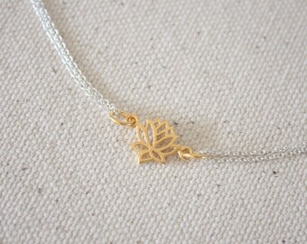 Tiny Gold Lotus Necklace, Lotus Charm Double sided Necklace, Sterling Silver, Sideways, Yoga, inspired, Spiritual, Lotus Flower, Mix Metal