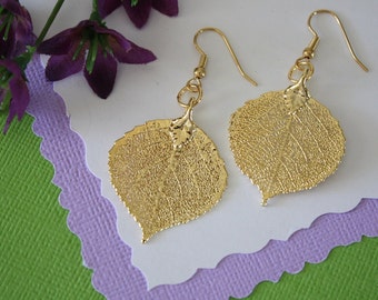 Gold Aspen Leaf Earrings Small, Aspen Leaf, Small Size Earrings, 24kt Gold Earrings, Real Leaf Earrings, Bridesmaid Gift