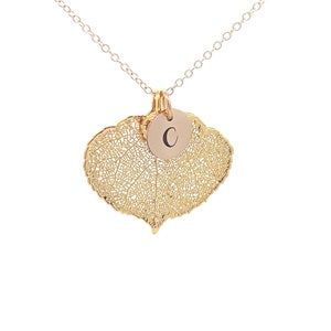 Collier feuille de tremble en or véritable, collier personnalisé, feuille d'or, breloque initiale, feuille d'or rose, feuille d'argent sterling, collier monogramme