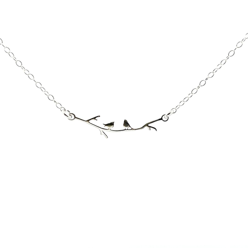 Birds on a Branch Necklace, Wren Birds Sterling Silver thin design, TIny Birds, BFF, Nature, Bar Silver Charm, Branch Bar silver necklace image 2