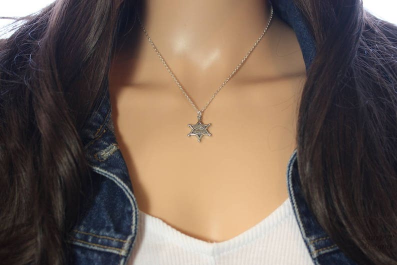 Sheriff Deputy Badge Charm Necklace, Badge Number Gift, Sterling Silver, Bestie Gift, Police Charm, Silver Star, Badge Charm, Thank You Card image 3