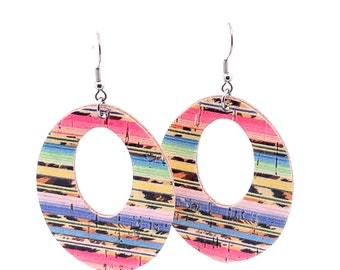 Vintage Rainbow Stripe Print Earrings, Distressed Leather, Neon, Cork on Leather, Large Teardrop, Oval Shape Lightweight Earrings, On Sale