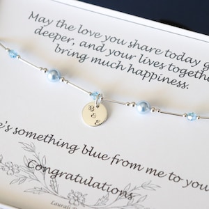 Something Blue for Bride Anklet Sterling Silver, Blue Pearl Anklet, Couples Charm, Adjustable, Monogram, Wedding Gift for Bride