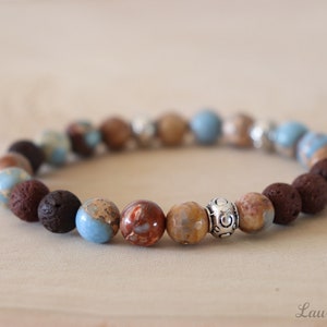 Essential Oil Bracelet Brown and Blues, Aromatherapy Jewelry, Diffuser, Jasper, Lava Rocks, Stretch Bracelet, Healing Stones
