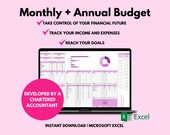 Pink Excel Budget Spreadsheet - Monthly & Annual Financial Tracker (Instant Download)