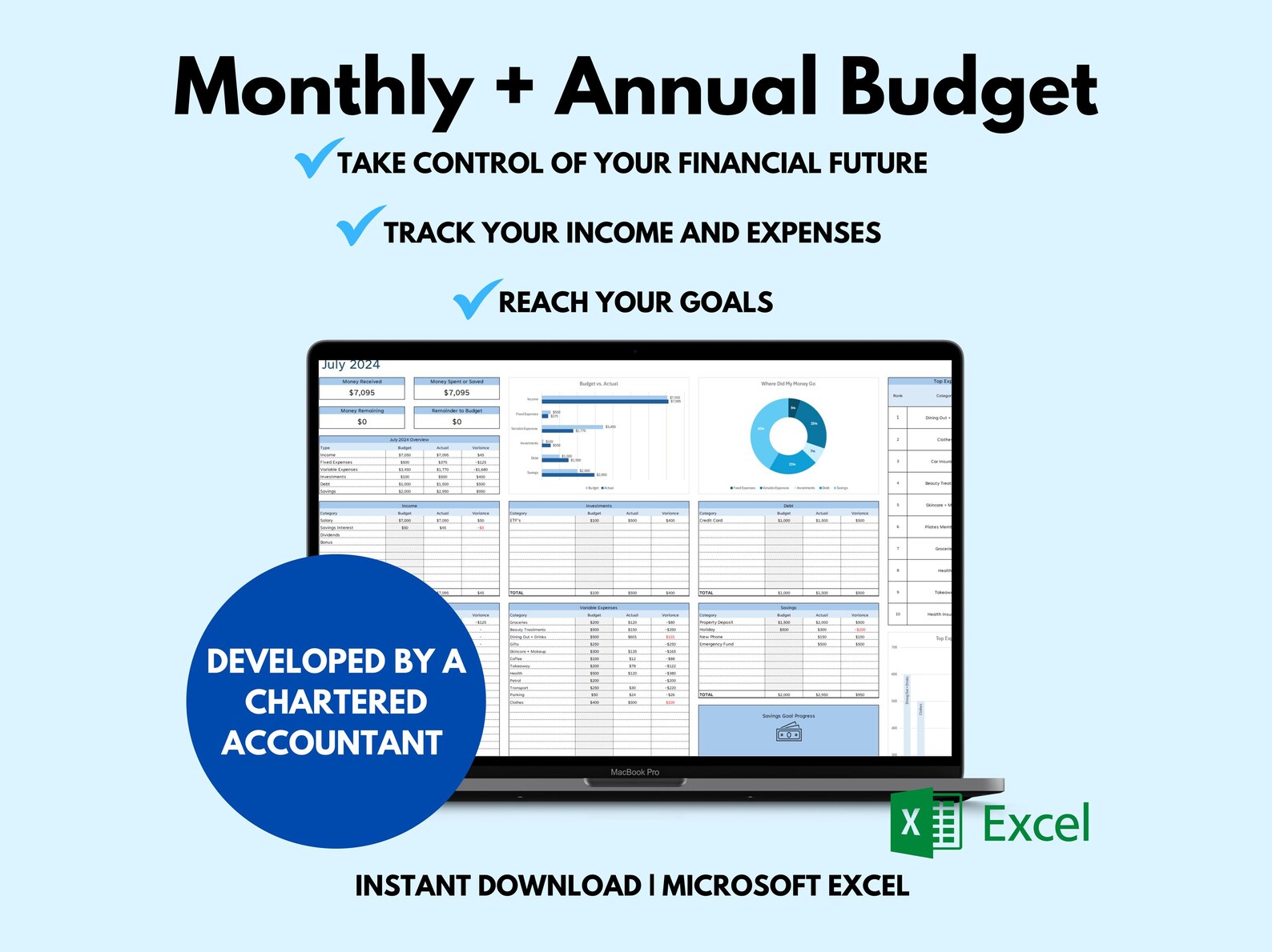 Blue Excel Budget Spreadsheet Template, Monthly Income and Expense ...