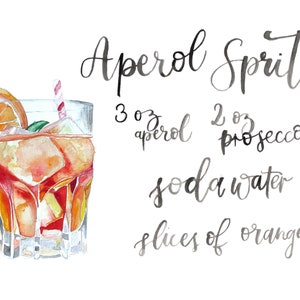 Dessin à l’aquarelle Aperol Spritz, recette Aperol, lettrage à la main, PDF pour l’impression, téléchargement numérique