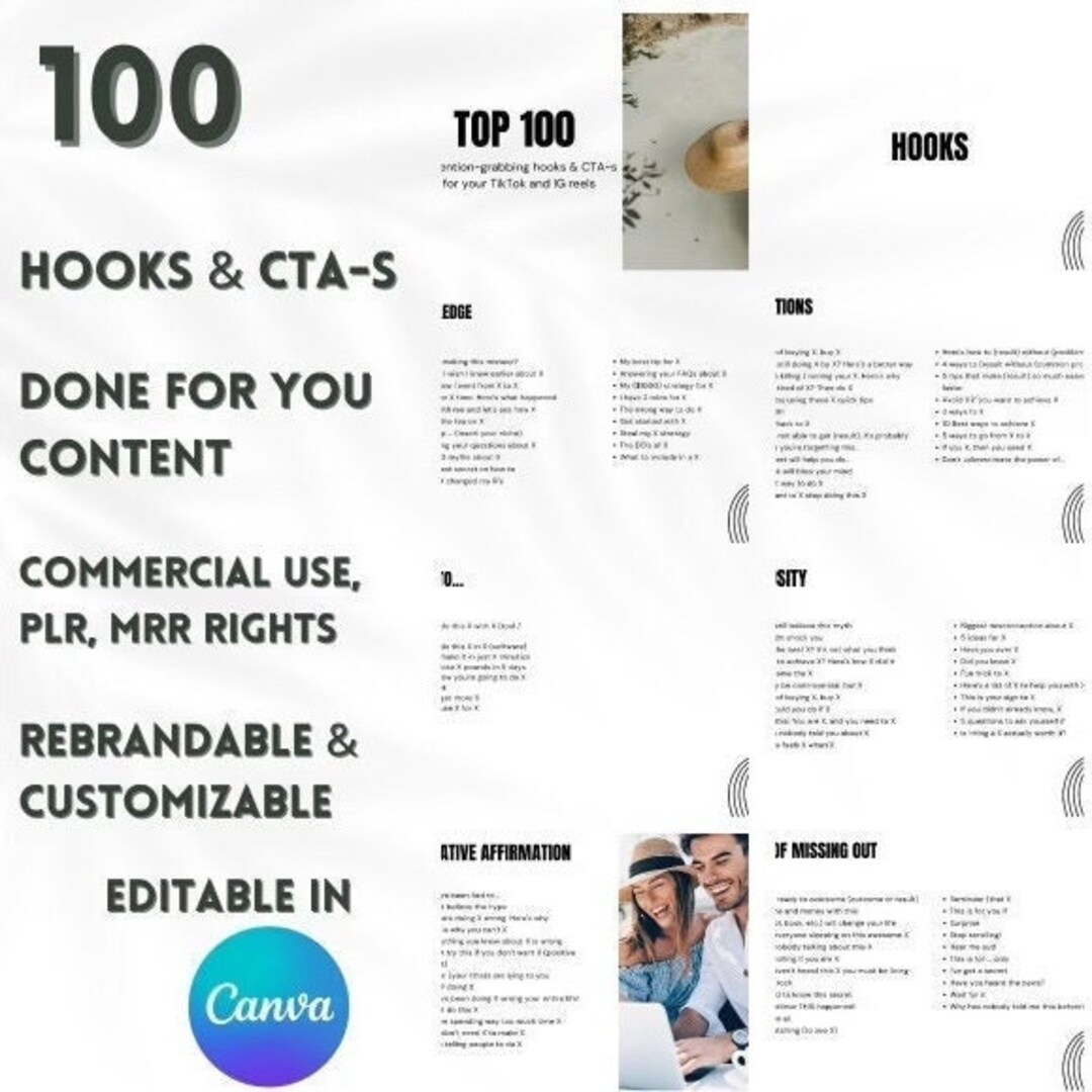 Instagram Reel Hooks and Captions, Tiktok CTA, PLR, MRR, Done for You ...