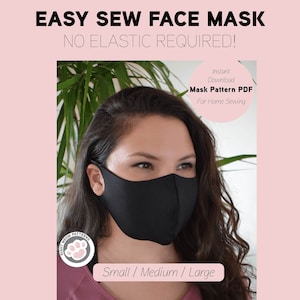 Pode incluir: Uma máscara facial preta com um logotipo de pata. O texto "EASY SEW FACE MASK NO ELASTIC REQUIRED!" está no topo da imagem. O texto "Instant Download Mask Pattern PDF For Home Sewing" está no canto superior direito. O texto "Small/Medium/Large" está na parte inferior da imagem.