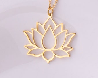 Sterling Silver Lotus Flower Necklace, Gold Rose Gold Pendant, Floral Rope Chain