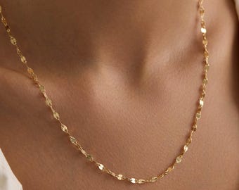 14K Solid Gold Sequin Chain Necklace, Real Mirror Paillette Link Chain, Flat Reflective Gold Necklace, Layering Chain Gift for Her