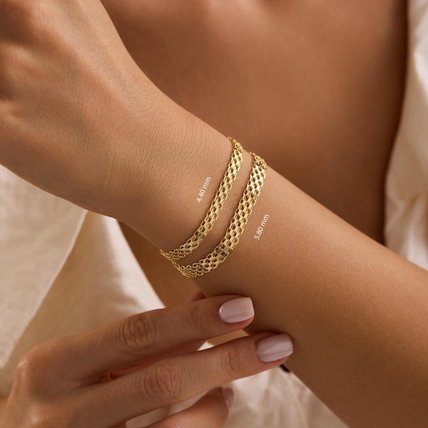14K Gold Bismark Bracelet, 14K Real Gold 4.4mm 5.8mm Bismark Chain Bracelet, 14k Gold Real Chain Bracelet, Layering gold Bismark Bracelet