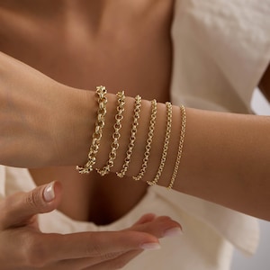 14K Solid Gold Rolo Chain Bracelet, Real Gold Bracelet 2.4mm–6.4mm, Dainty Gold Chain Bracelet, 14K Gold Jewelry