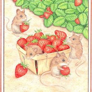 May include: Four brown mice are eating strawberries. One mouse is in a basket full of red strawberries. The basket is on a light brown surface. The background is a green strawberry plant with red strawberries.