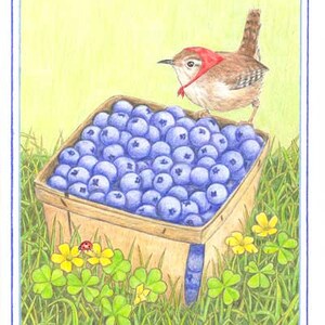 May include: A brown wren with a red cap perches on the edge of a wooden basket filled with blueberries. The basket is surrounded by green clover and yellow flowers.