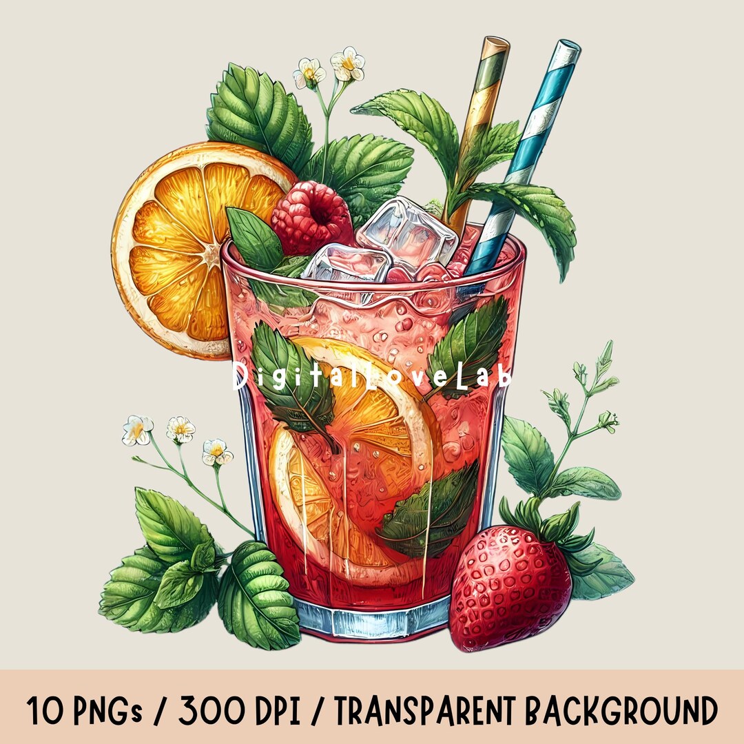 Summer Cocktails Clipart Set of 10 PNG, Summer Cocktails, Summer ...