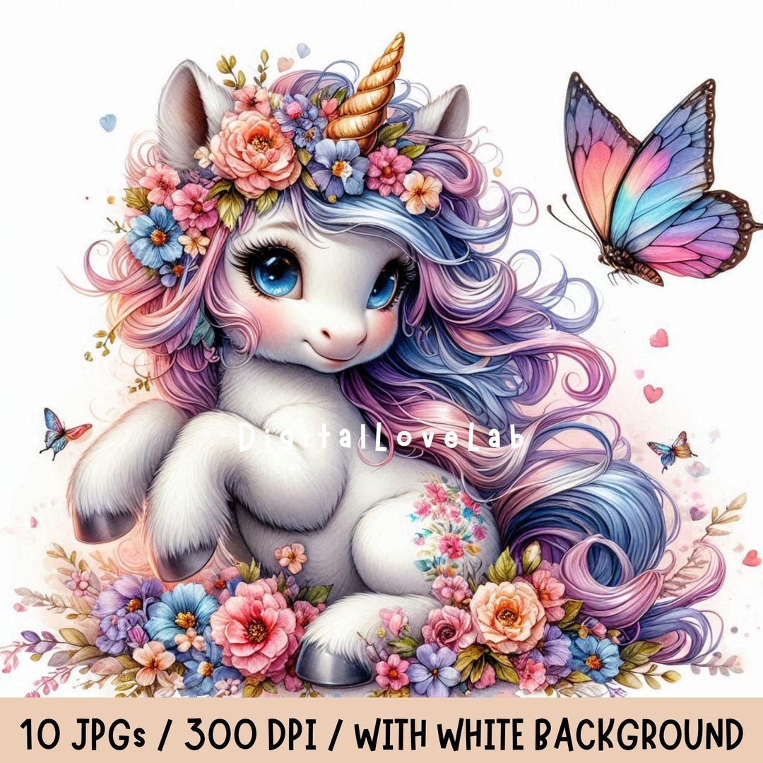 Floral Unicorn Clipart Set of 10 Spring Clipart, Unicorn Clipart Bundle ...