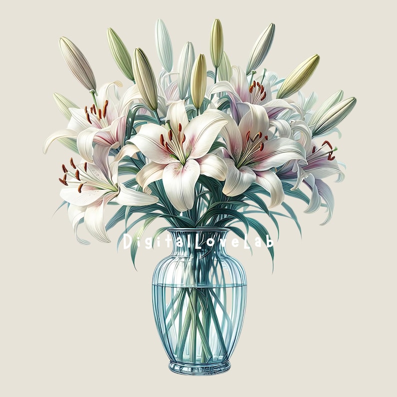 Vase of Lilies Watercolor Clipart Set of 10 PNG, Lily Bouquet in Vase ...