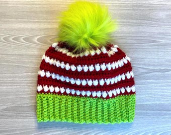Grinch-Inspired Adult Crochet Beanie with Lime Green Faux Fur Pom Pom