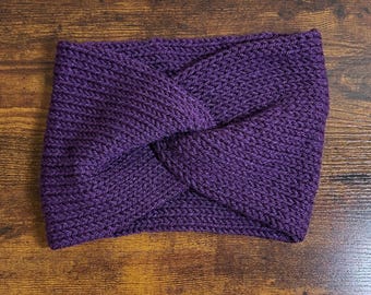Extra Wide Purple Handmade Knit Twist Ear Warmer