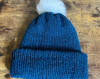 Teal Sparkle Child/Teen Knit Beanie with White Pom Pom