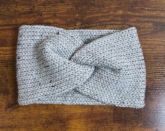 Grey Tweed Handmade Knit Twist Ear Warmer