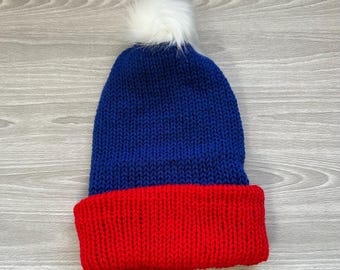 Rangers Adult Knit Beanie with white Pom - Blue and Red