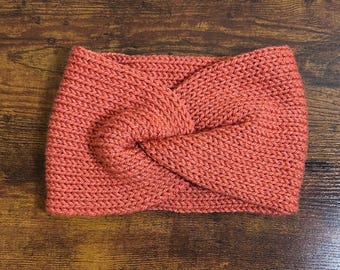 Dark Coral Handmade Knit Twist Ear Warmer