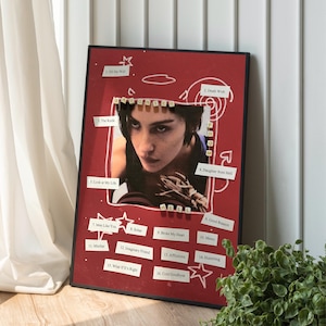Op de afbeelding: Een rechthoekige ingelijste poster met een dieprode achtergrond en een centrale foto van een persoon met donker haar. Witte papieren labels met zwarte tekst vermelden zestien songtitels, waaronder Hit the Wall en Cold Goodbyes, rondom de afbeelding.